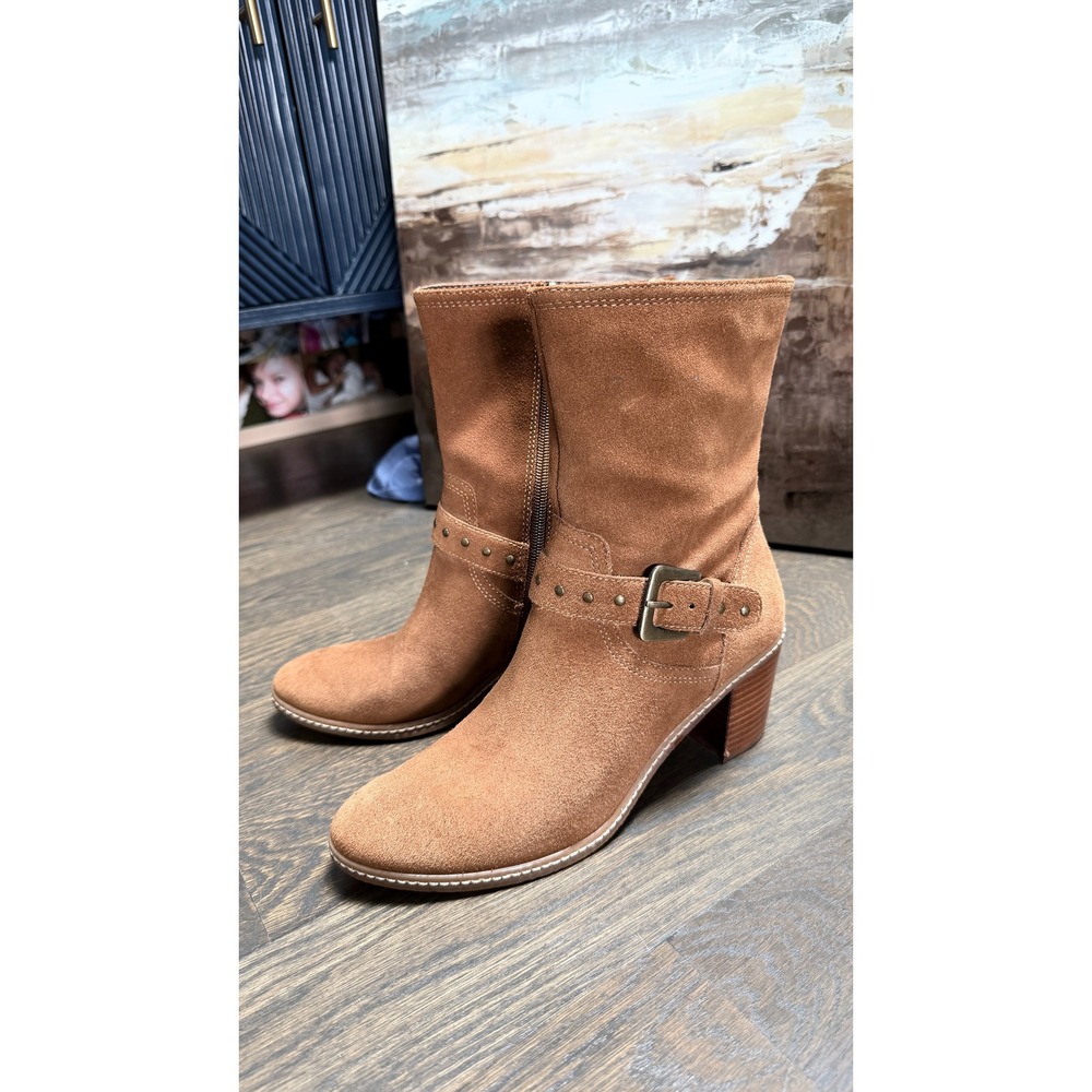 Anne Klein Vintage AKBRIER Suede Moto Boots Cognac Brown 7M Western Boho Biker